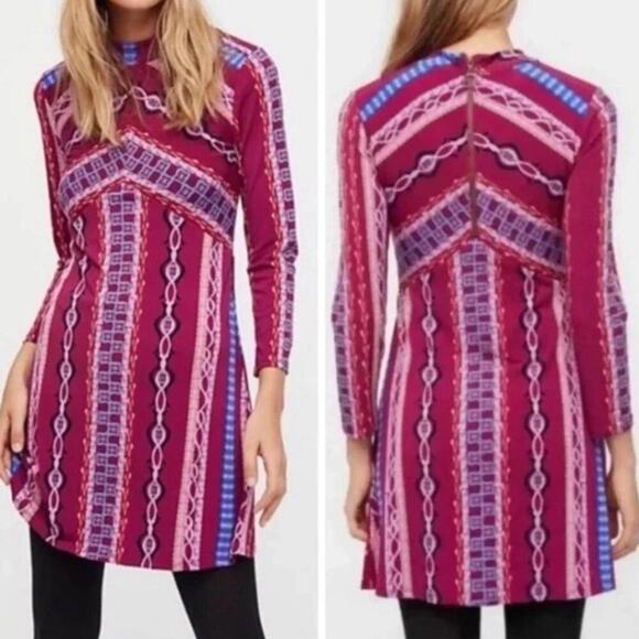 Free People Women's‎ Small Purple Geometric Long Sleeve Mini Dress - Picture 1 of 6